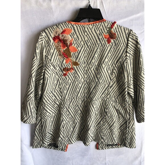 Chico's Embellished Suit Coat, Black & White with Orange Trim, Floral, Size US 8 - Picture 5 of 9